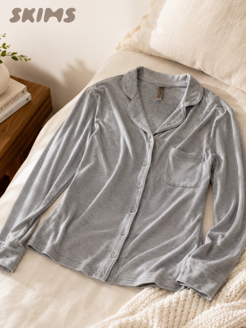 SKIMS Ribbed Modal Pajama Button Front Sleep Top Gray Large